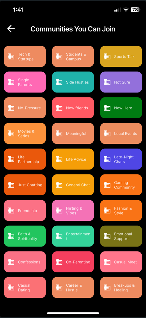 Mobile Ansicht, die interessenbasierte Community-Gruppen in der Area Girl App anzeigt.