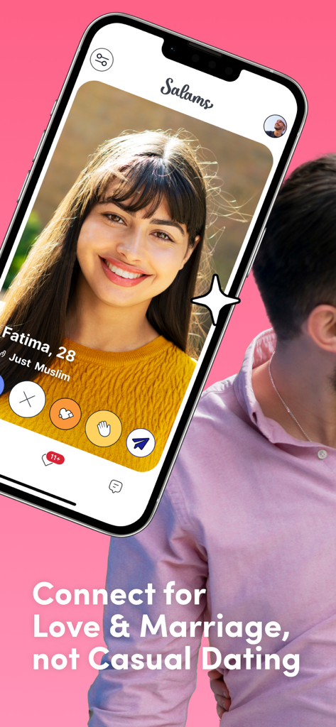 Salams App-Oberfläche, die das Profil einer muslimischen Frau und den Slogan Connect for Love and Marriage anzeigt.