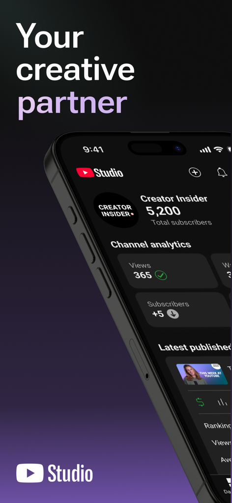 A smartphone showing the YouTube Studio app dashboard with channel analytics and subscriber stats under the text Your creative partner