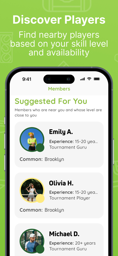 Suggested tennis partners nearby on the Kort mobile app showing player profiles and experience levels