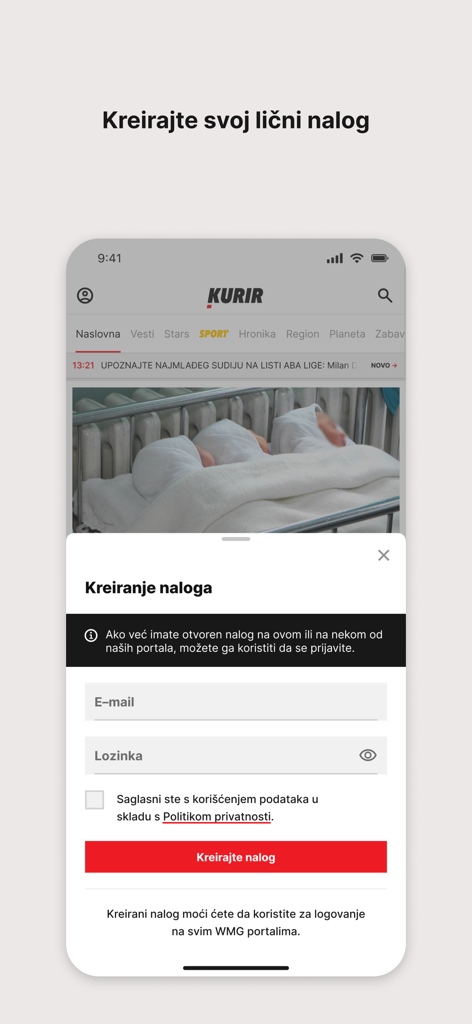 Kurir - Pantalla de creación de cuenta para la aplicación de noticias serbia Kurir.