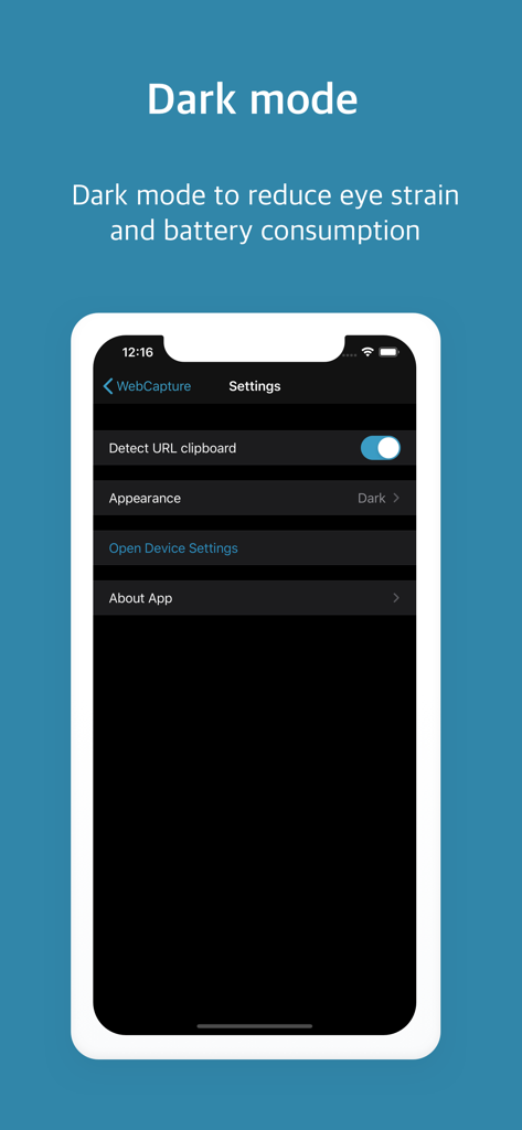 Settings screen of the WebCapture app showing the dark mode theme and URL clipboard detection feature.