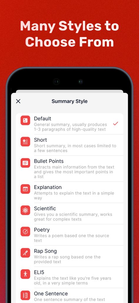 Summarizer - AI Text Summary - 要約アプリのカスタマイズ可能なAI要約スタイルのリスト。箇条書きや科学モードなどが含まれています