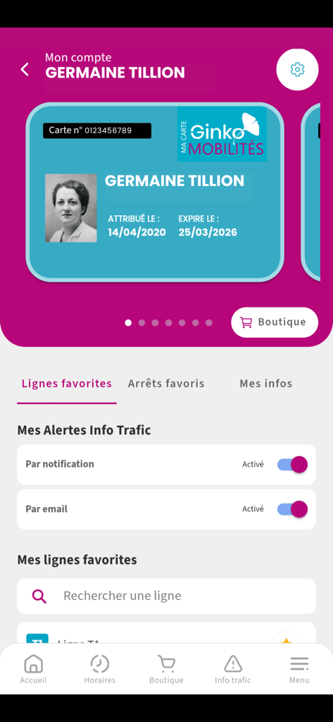 Ginko Mobilités - Écran de compte utilisateur de l'application Ginko Mobilités montrant une carte de transport numérique et des paramètres d'alerte trafic personnalisés