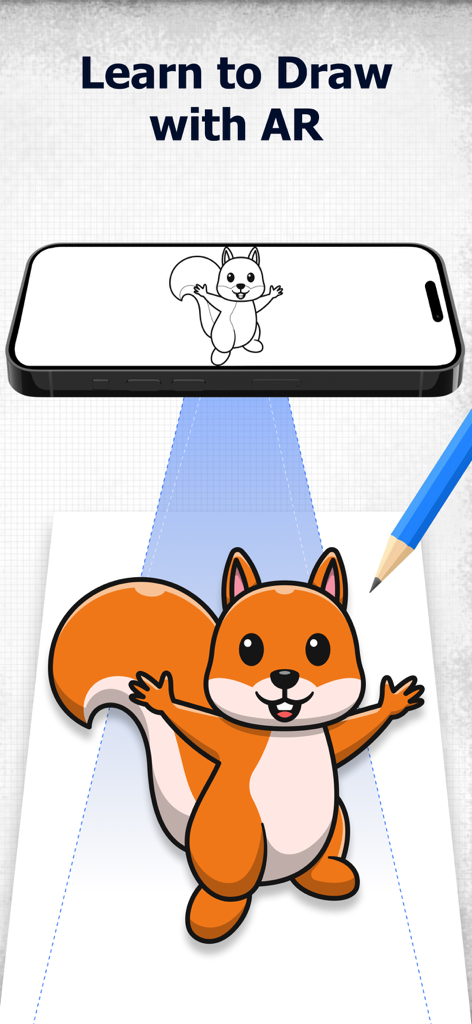 Photo Sketch Maker: Drawing - A smartphone using augmented reality to project a squirrel sketch onto paper for tracing and drawing practice