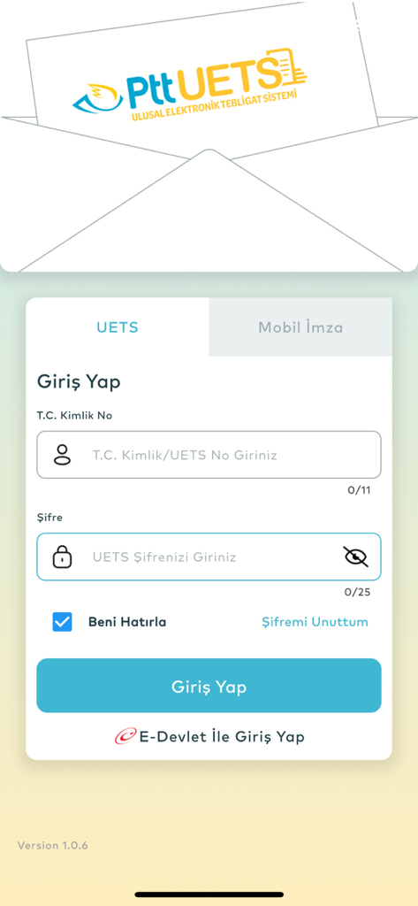 UETS PTT - Login screen of the UETS PTT mobile app for Turkish National Electronic Notification System featuring ID and password input fields
