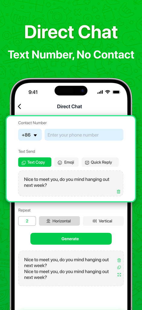 Web Scan - Dual Messenger App - Interface showing the Direct Chat feature for sending messages to phone numbers without saving them as contacts.