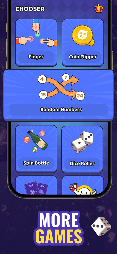 フィンガーピッカー、コインフリップ、ダイスローラーなど、複数のランダム決定ゲームが表示されたモバイルアプリインターフェース。