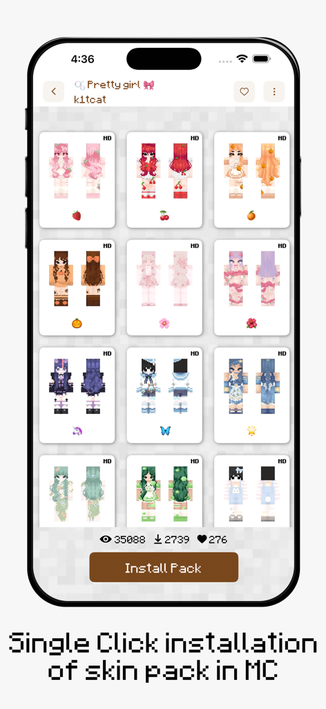 A collection of aesthetic girl skins for Minecraft with a one-click install button