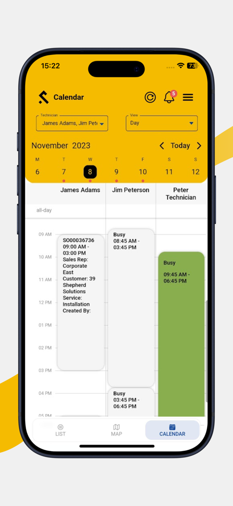 Mobile calendar view showing daily schedules and work orders for multiple field service technicians.