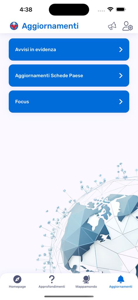 ハイライトされたアラートと国情報の更新情報が表示された、Viaggiare Sicuriアプリの更新画面