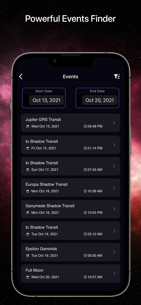 SkySafari 7 Pro - SkySafari 7 Pro mobile interface showing a list of upcoming astronomical events including planetary moon transits and meteor showers.