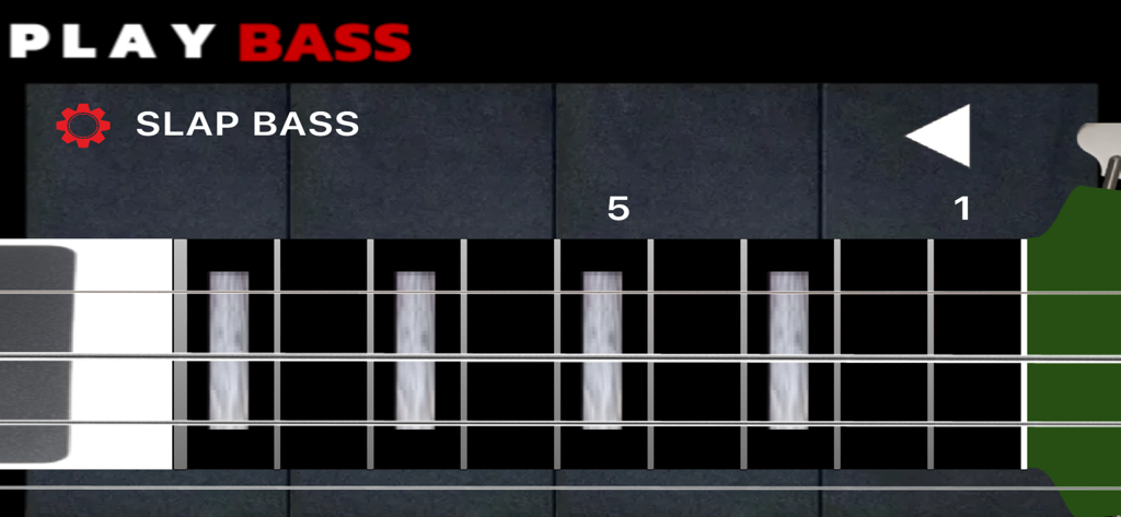 Play Bass: Real Bass Simulator - A digital bass guitar fretboard in the Play Bass app with the slap bass setting active.