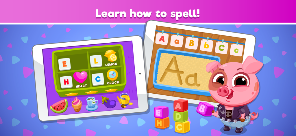 Bubbu School app screens showing letter tracing and spelling games for kids.