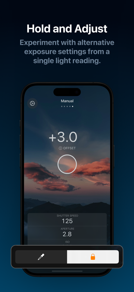 Light Meter Ultra - Una pantalla de smartphone que muestra la interfaz de la aplicación Light Meter Ultra con ajustes de exposición manual para la velocidad de obturación y la apertura sobre un paisaje al atardecer.