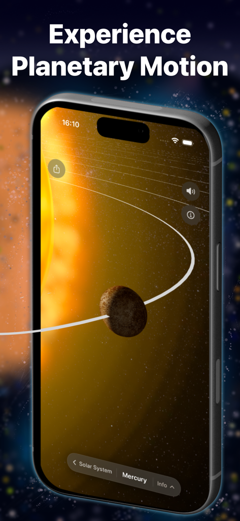 Planetarium 3D - Smartphone screen showing a 3D simulation of Mercury orbiting the sun in the Planetarium 3D app