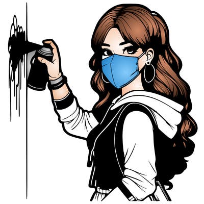 realistic girl with mask spray painting a wall