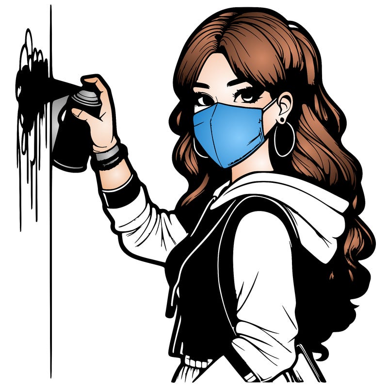 realistic girl with mask spray painting a wall