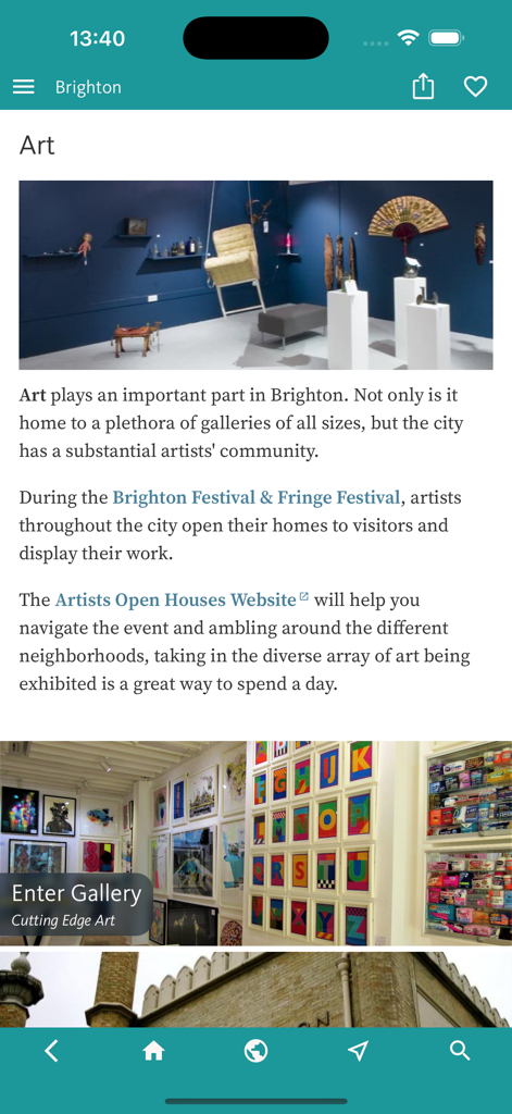 Bildschirm aus der Brighton's Best Reise-App, der die lokalen Kunstgalerien und Festivals der Stadt mit beschreibendem Text und lebendigen Fotos zeigt.