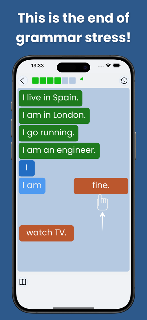 English Grammar Star: Games - A mobile phone screen displaying a gamified English grammar lesson with interactive sentence building blocks.