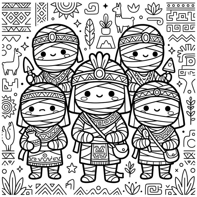 Discover a delightful fusion of history and cuteness with our Kawaii Inca Mummies coloring page. These adorable characters offer a unique and engaging artistic experience for all ages.