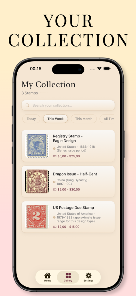 Stamp Identifier: Stampre - Galerie numérique dans l'application Stampre montrant une liste de timbres-poste identifiés avec leurs origines et leurs valeurs marchandes estimées