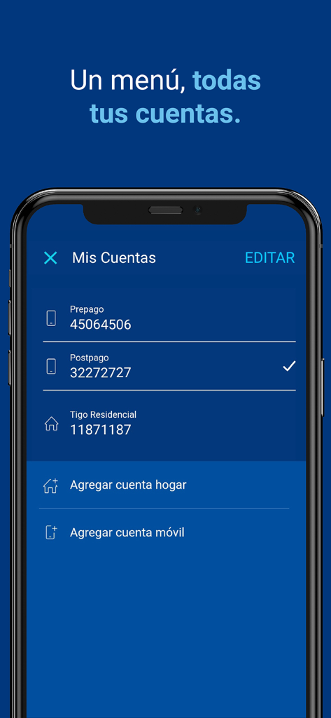 Tigo en Línea - Interfaz de la aplicación Tigo en Línea mostrando una lista de cuentas prepago, postpago y residenciales para gestión remota