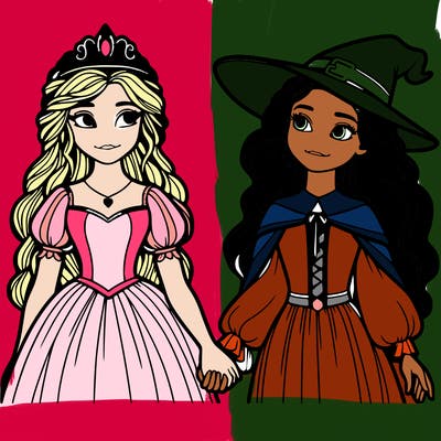 a princess and a witch holding hands realistic