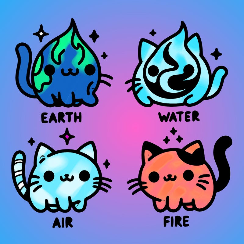 4 cats that represent the different elements, earth, water, air, and fire