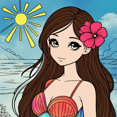 realistic girl with a flower on her hair and standing outside in the sun at the beach with a swimsuit on