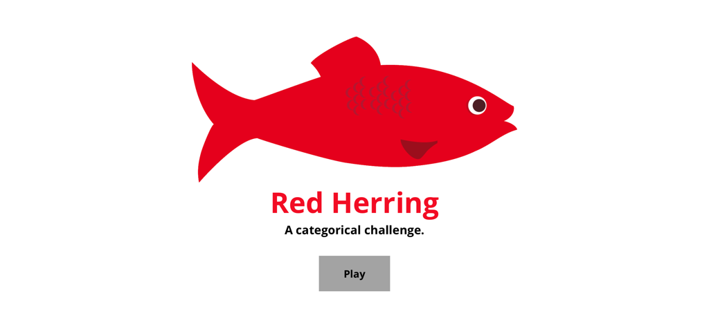 Red Herring - The title screen of the Red Herring word puzzle game featuring a red fish illustration and a play button.