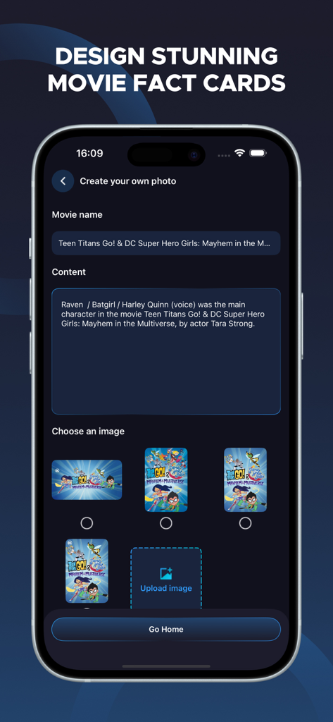 Magis TV & Movie Facts - Uma tela de aplicativo móvel mostrando a interface para projetar cartões de curiosidades de filmes personalizados com entrada de texto e seleção de imagem para Teen Titans Go.