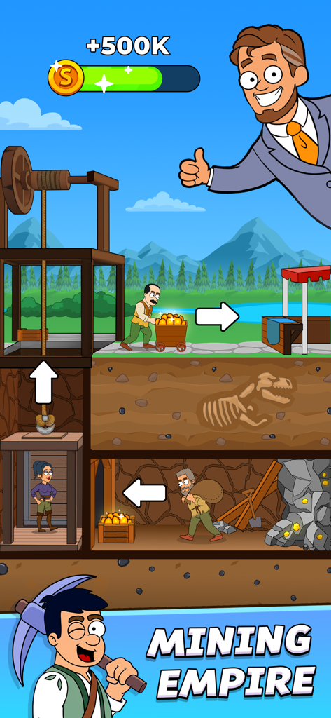 Mining Empire: Get Idle Gold - Captura de pantalla del juego de Mining Empire que muestra a los trabajadores extrayendo oro en una mina subterránea con un gerente magnate