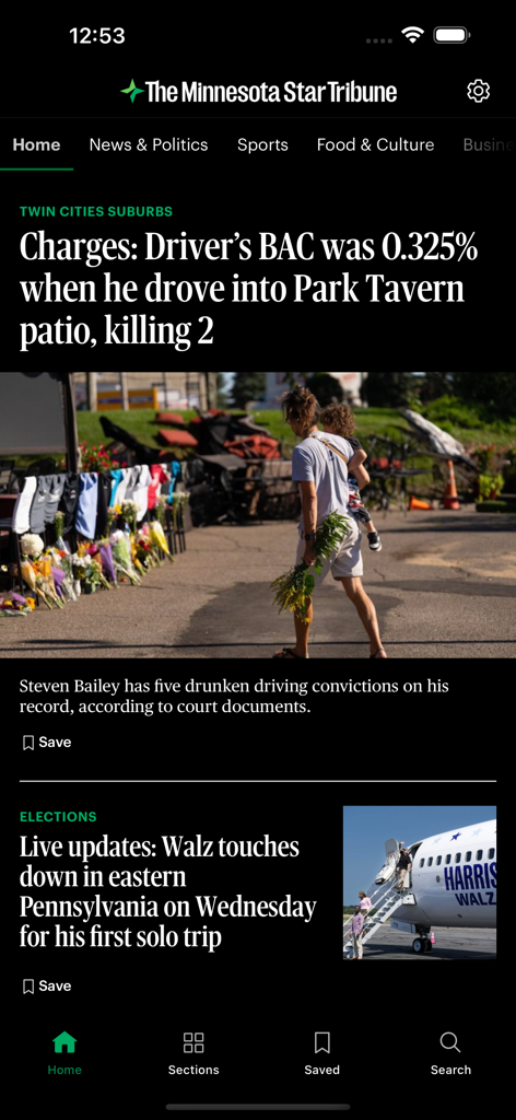The Minnesota Star Tribune - Home screen of The Minnesota Star Tribune mobile app featuring local news and election headlines