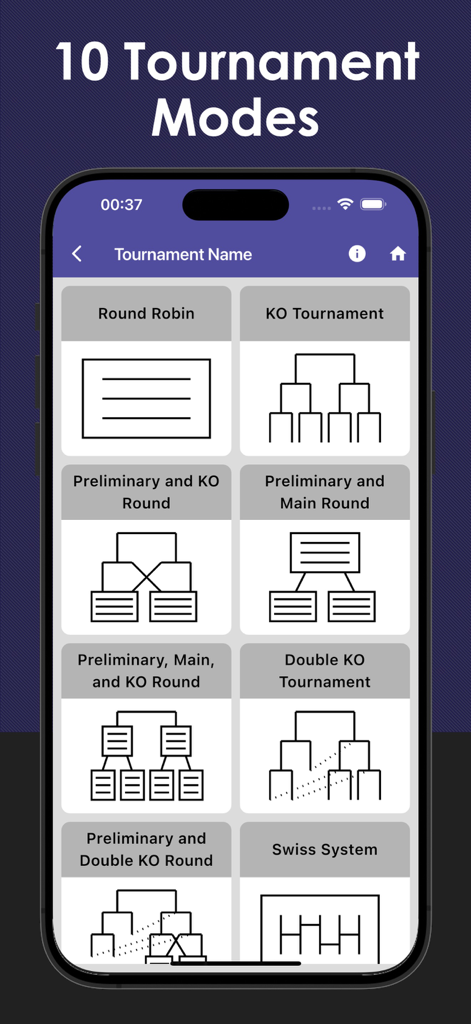 Interfaz que muestra diferentes modos de torneo como Todos contra Todos, Eliminación directa y Sistema Suizo