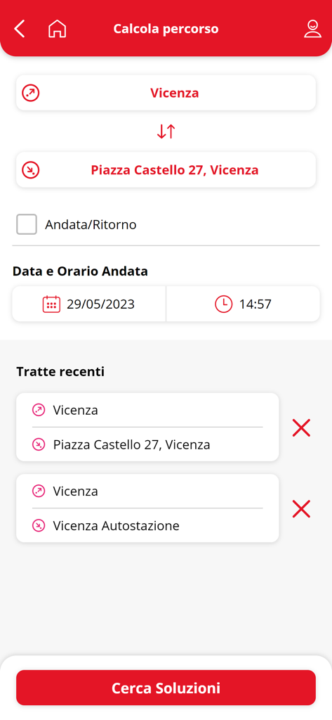 Svt Vicenza - Interface da aplicação SVT Vicenza mostrando o ecrã de cálculo de rota com os pontos de partida e chegada