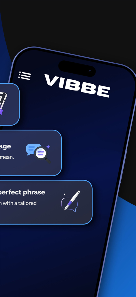 Interface of the VIBBE app showing AI messaging features to decode texts and generate dating phrases