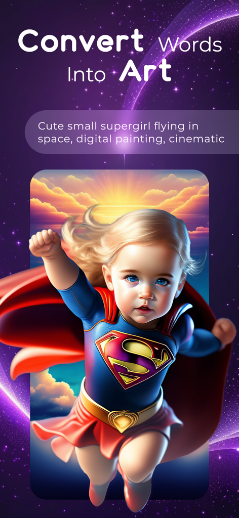 Interfaz de la aplicación Generador de Arte IA que muestra una petición de texto para un personaje de superchica y el arte digital resultante generado por IA.