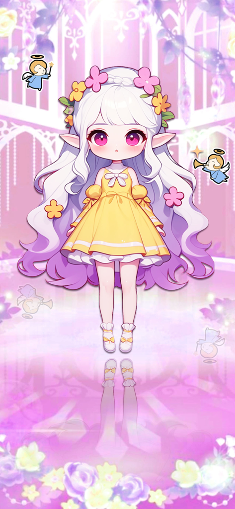 Doll Dress Up - Princess Games - A cute chibi elf princess with long white hair and a yellow dress in the Doll Dress Up game