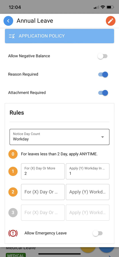 HR.my Mobile - Settings screen in HR.my Mobile app for managing annual leave application policies and rules