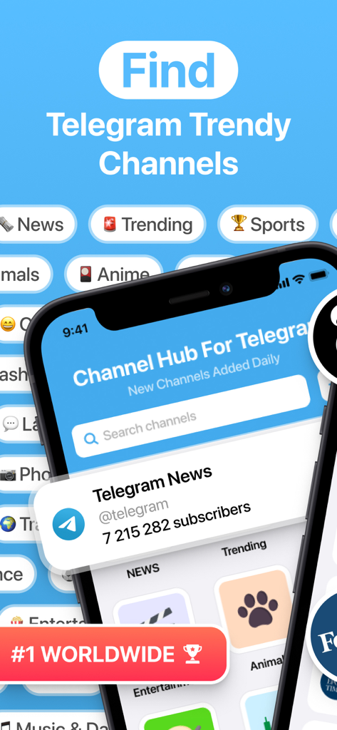 Group Catalog for Telegram - Mobile App-Oberfläche, die zeigt, wie trendige Telegram-Kanäle und Gruppen nach Kategorie gefunden werden können.