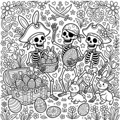 Embark on a unique Easter adventure with these playful pirate skeletons ready for some holiday fun. This whimsical coloring page brings together unexpected themes for an engaging and creative experience.