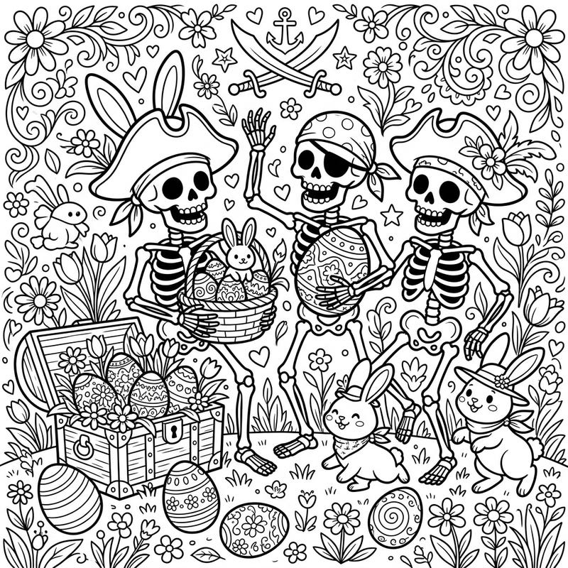 Embark on a unique Easter adventure with these playful pirate skeletons ready for some holiday fun. This whimsical coloring page brings together unexpected themes for an engaging and creative experience.