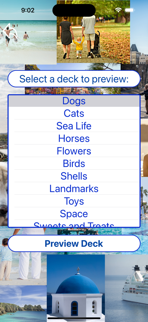 Uno schermo nell'app Memory Match che mostra un menu per selezionare mazzi a tema come Cani Gatti e Vita Marina su uno sfondo di collage di foto
