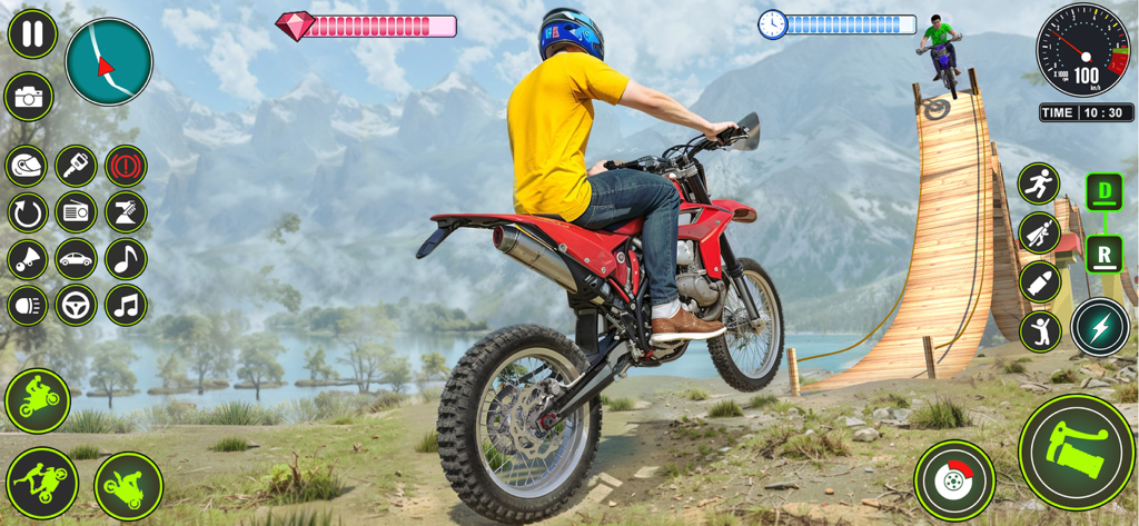 Mega Ramp Bike Stunt Games - Gameplay screenshot of a red motorcycle performing stunts on a mountain track with a steep wooden ramp.