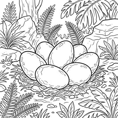 Unearth the secrets of the past with this captivating coloring page featuring fully intact dinosaur eggs nestled in a prehistoric landscape. Perfect for dinosaur enthusiasts of all ages eager to bring ancient life to vibrant color.