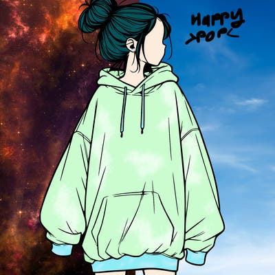 realistic girl with a oversized sweatshirt on and a bun