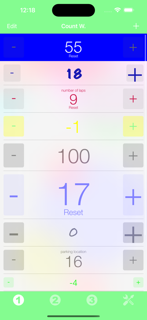iPhone app interface showing a list of multiple customizable counters with plus and minus buttons