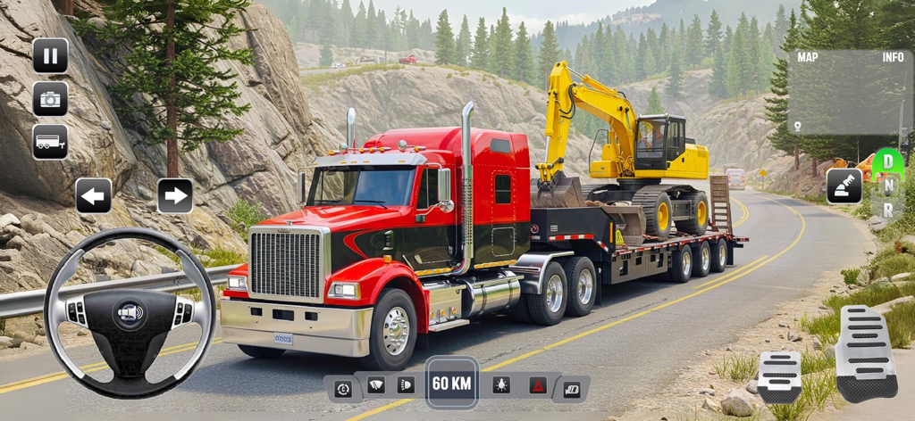 Depot Truck Simulator Games 3D - Camión cisterna rojo transportando una excavadora amarilla por una carretera de montaña.