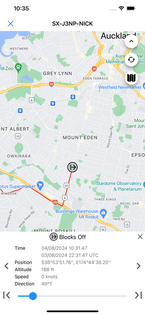 Spidertracks app interface displaying real-time aircraft position and flight data on a map